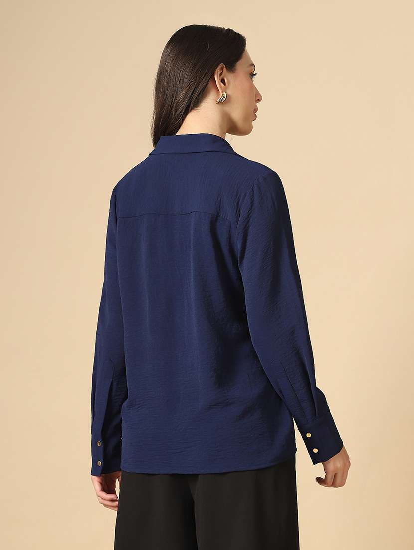 women solid collared long sleeve shirt - 22085224 - Standard Image - 2