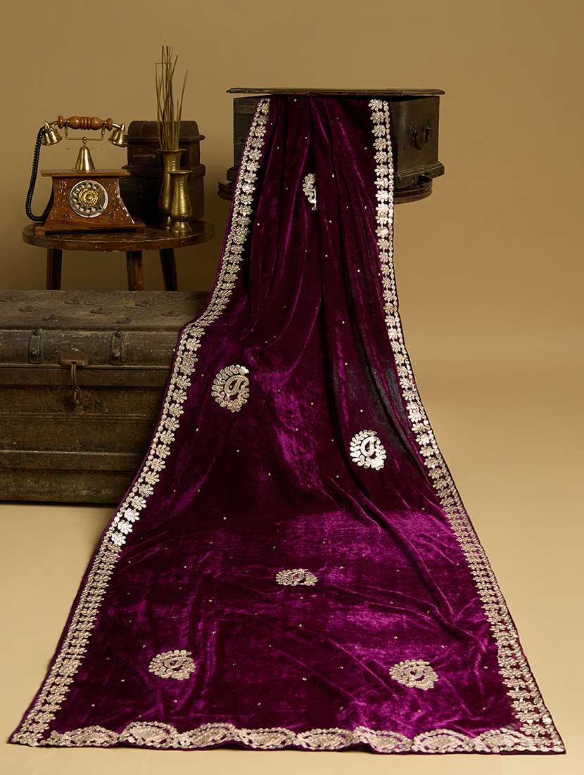 globus women purple paisley embroidered gotta patti detail embellished velvet festive dupatta