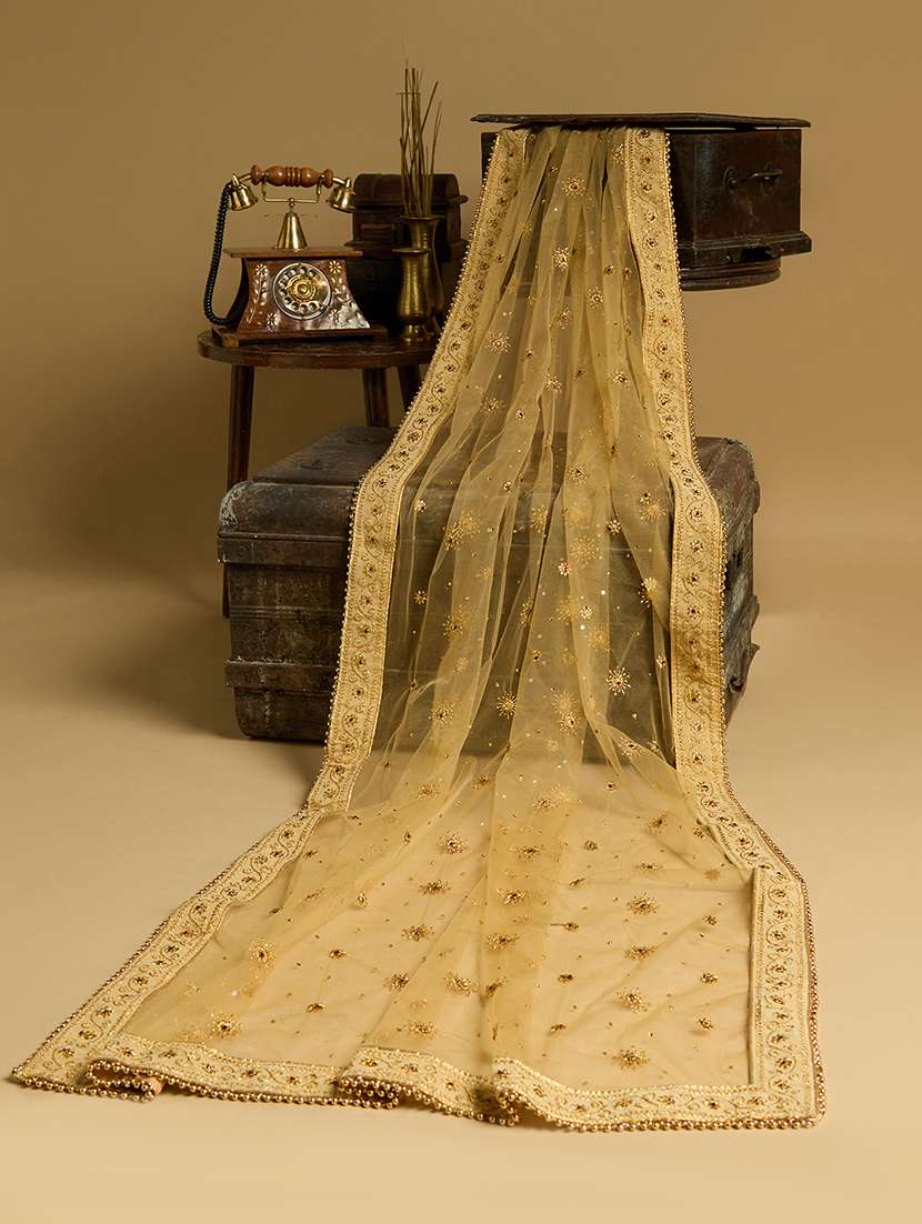 globus women gold zari embroidered embellished net taping border festive dupatta