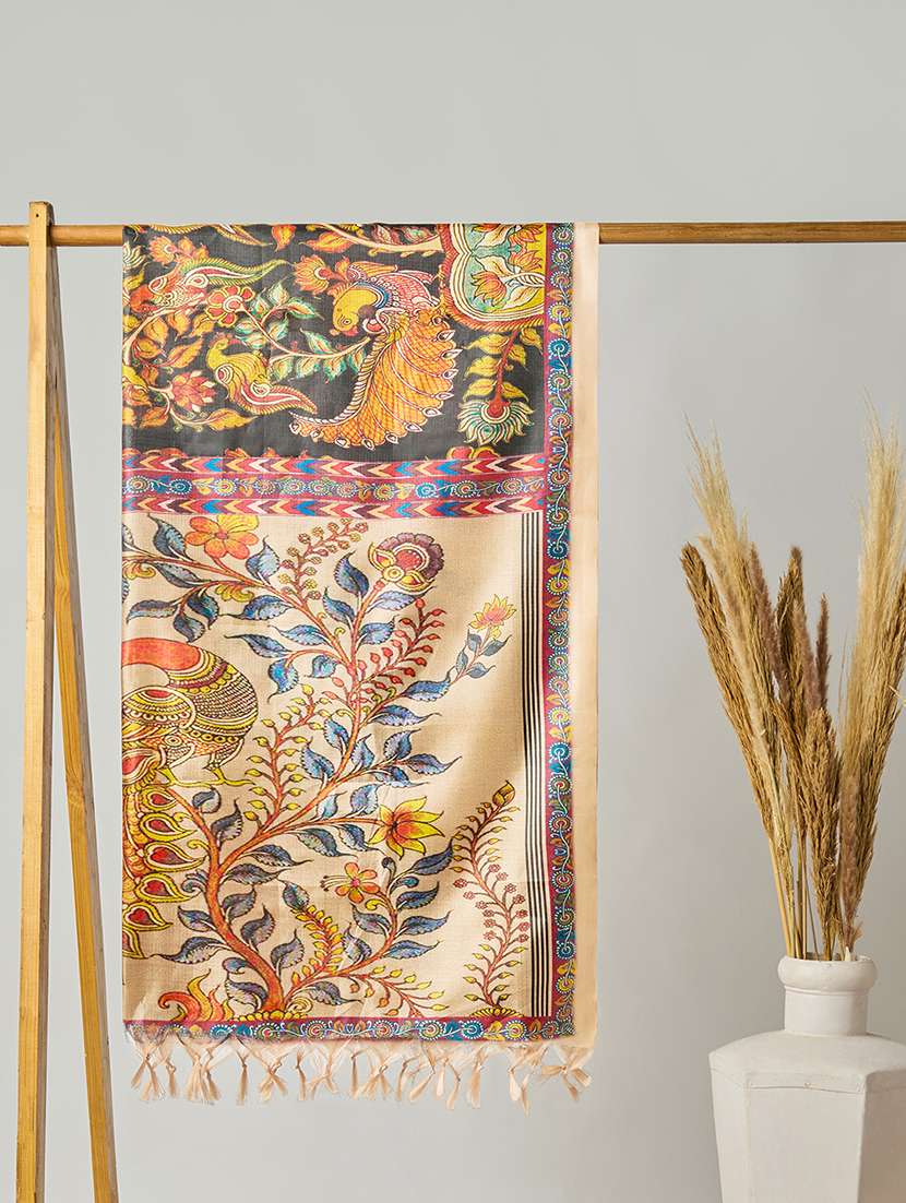 globus women black kalamkari printed silk tasselled border dupatta