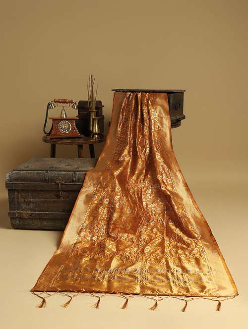 globus women mustard floral woven design brocade tasselled border festive dupatta - 22085247 -  Standard Image - 0