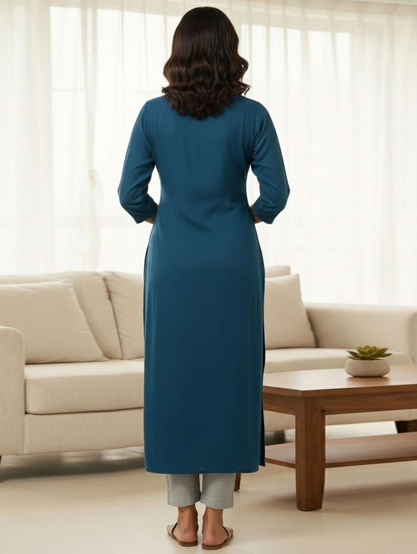 women embroidered three quarter sleeve straight kurti - 22085428 -  Standard Image - 2