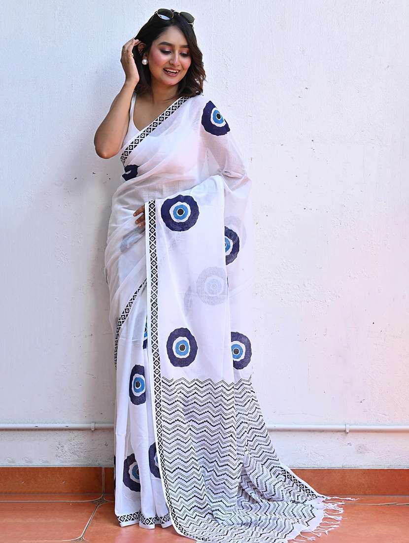 women white printed saree with blouse