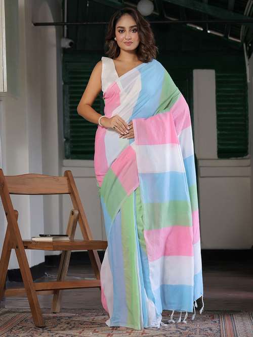 women striped printed saree with blouse - 22085856 -  Standard Image - 0