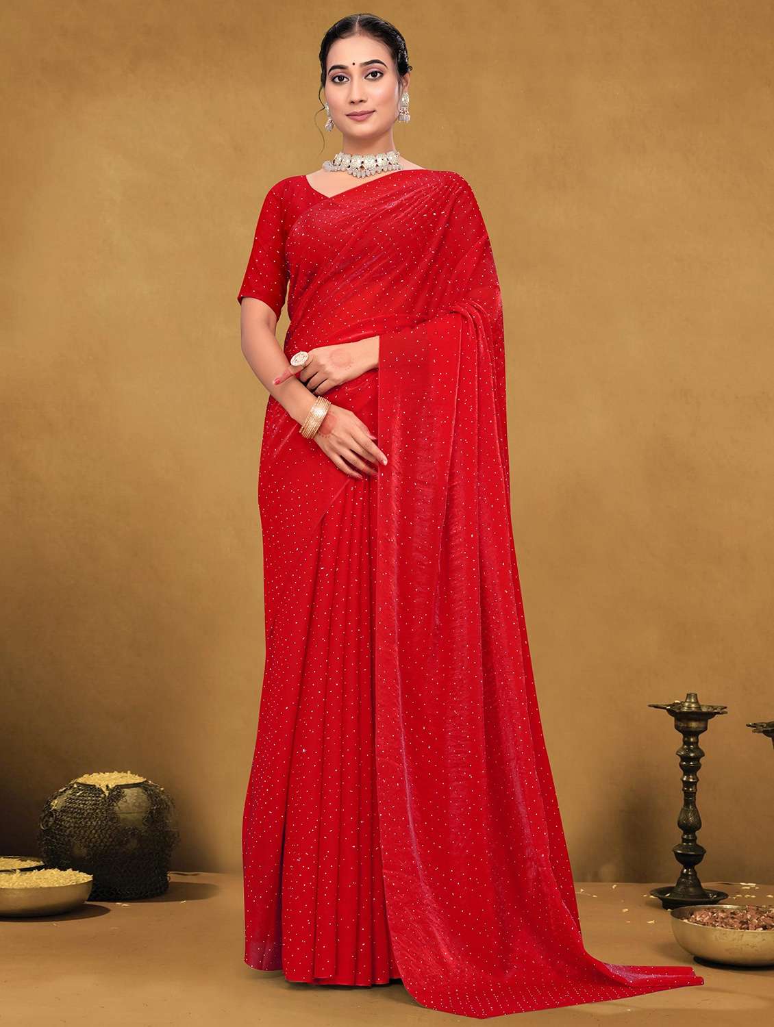 women solid with work embellished saree with blouse - 22085902 - Standard Image - 2