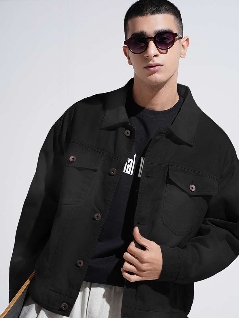 men solid long sleeve denim casual jacket