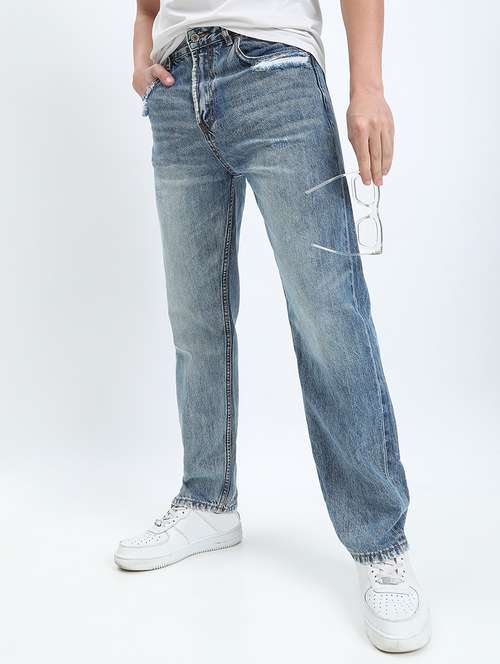 men washed mid rise full length straight fit jeans - 22085974 - Standard Image - 0