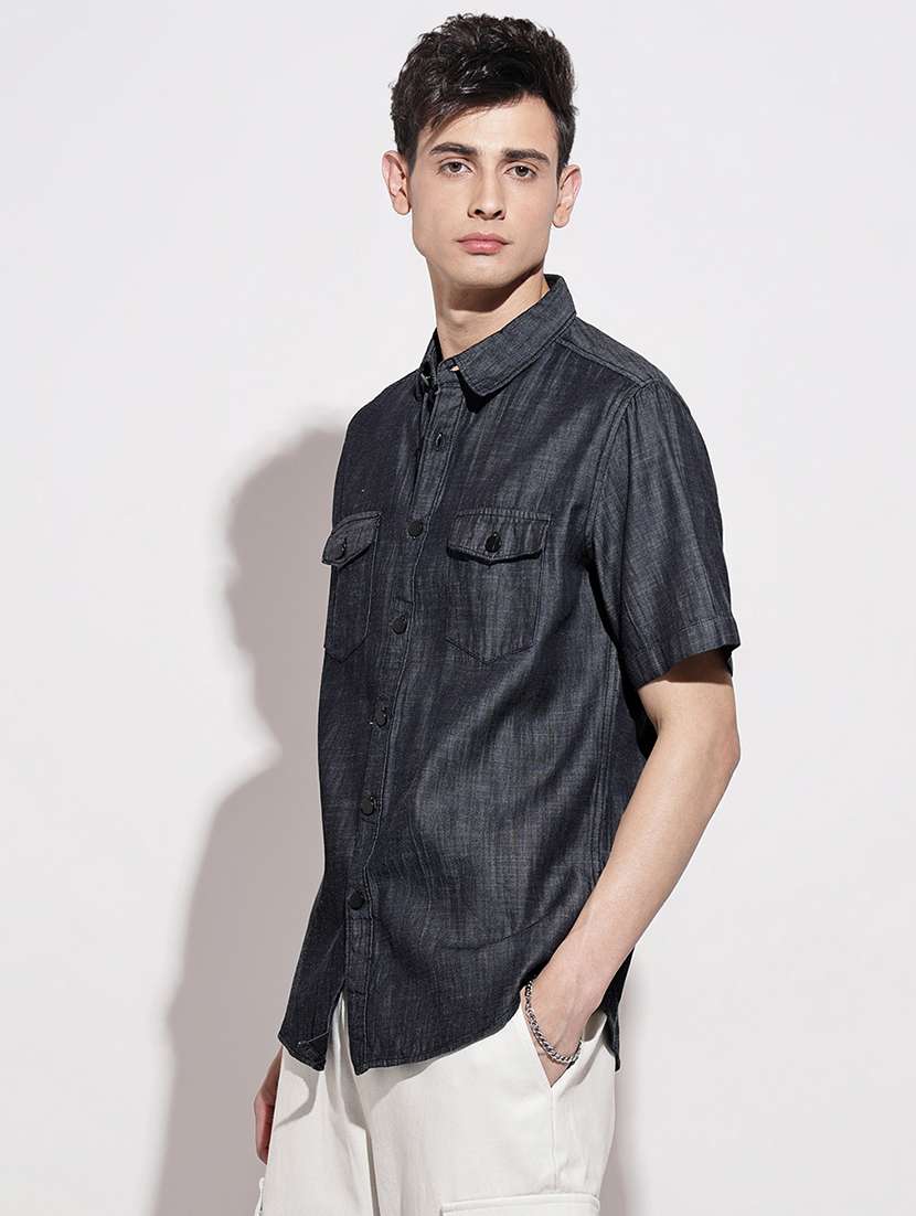 men solid short sleeve regular fit casual shirt - 22086111 -  Standard Image - 2