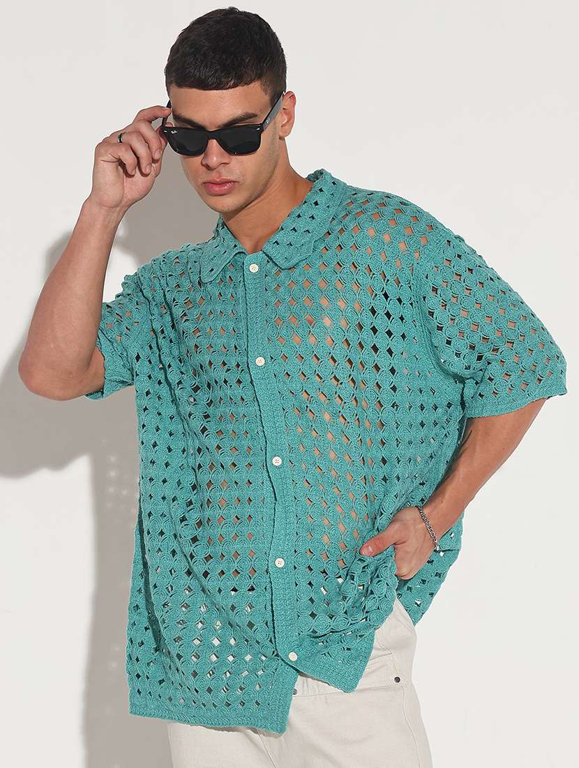 men self design short sleeve loose fit casual shirt