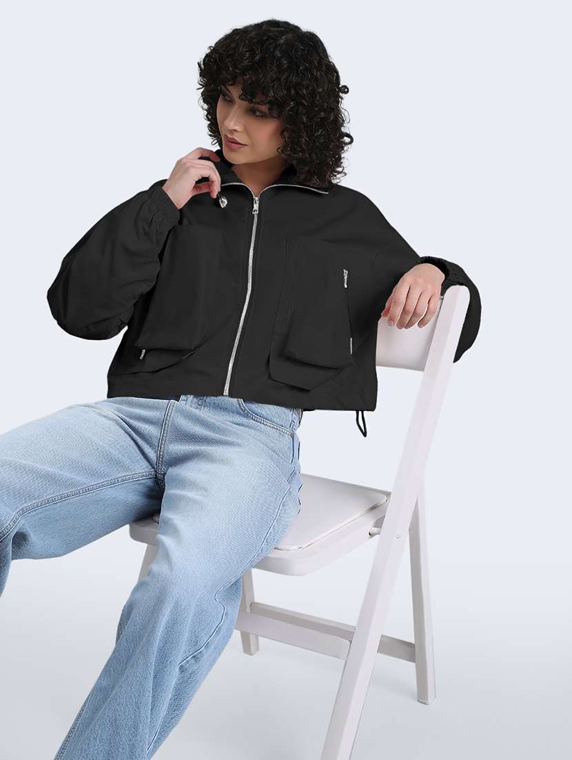 women solid long sleeve cropped biker jacket