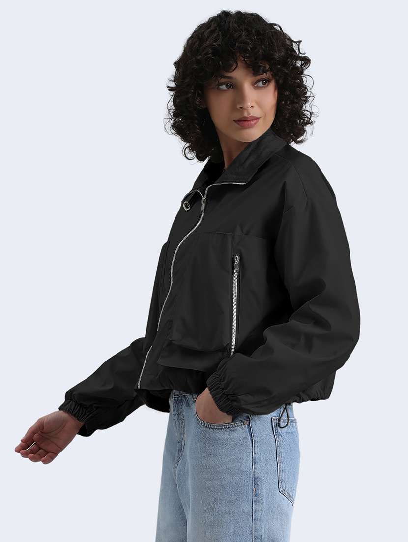 women solid long sleeve cropped biker jacket - 22086218 - Standard Image - 2
