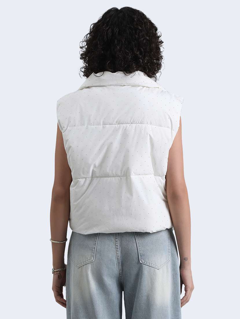 women white solid sleeveless quilted jacket - 22086219 - Standard Image - 2