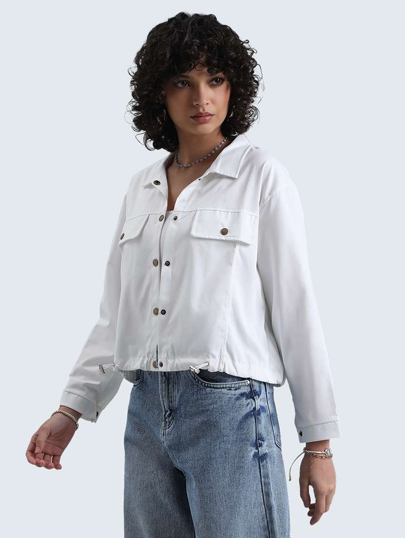 women white solid long sleeve collared regular jacket - 22086220 - Standard Image - 2