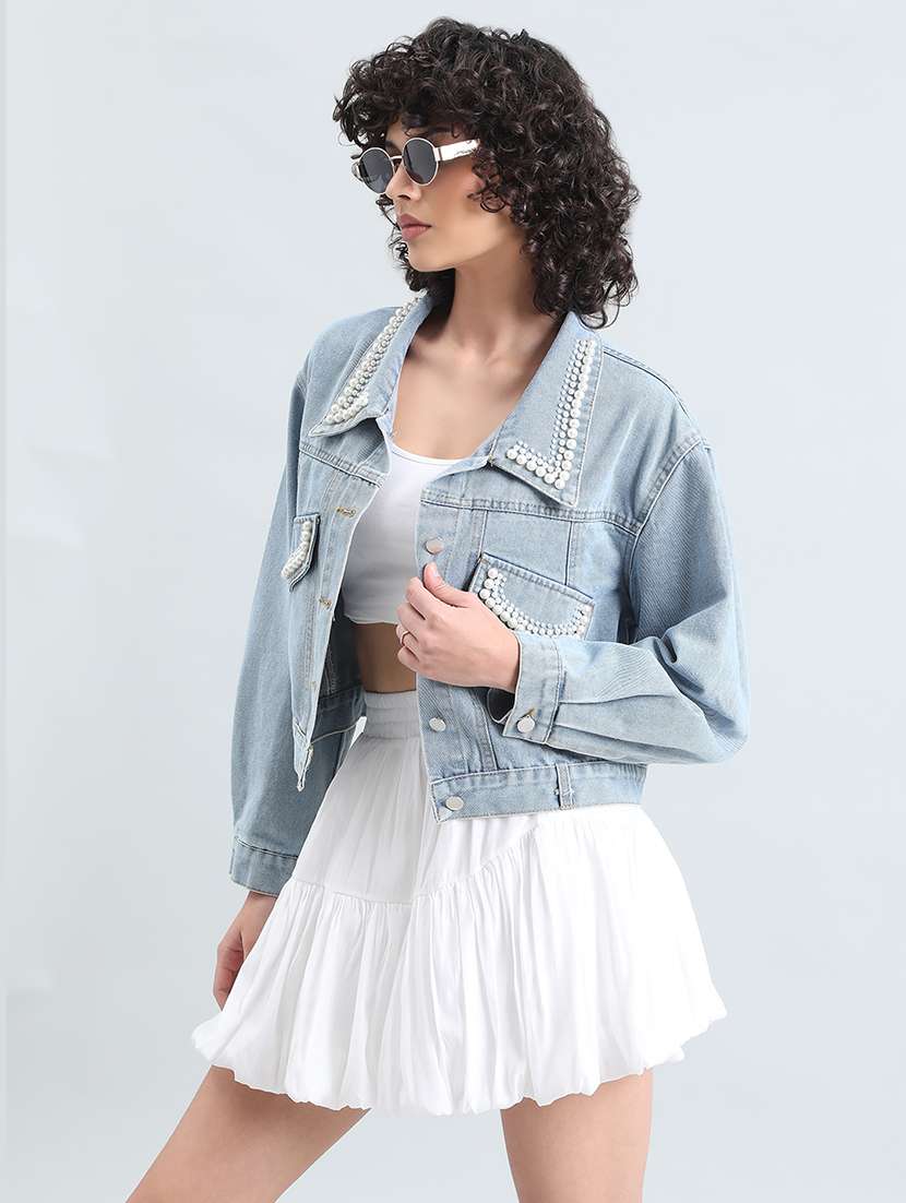 women embellished long sleeve cropped denim jacket - 22086221 - Standard Image - 2