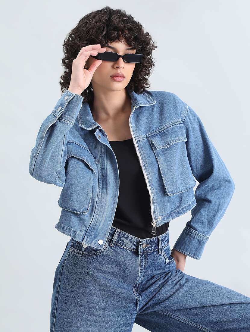 women solid long sleeve cropped denim jacket