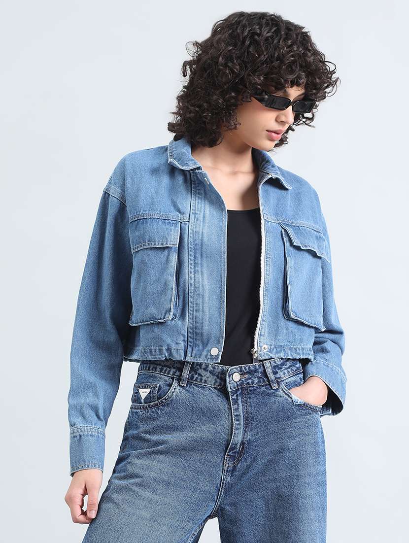 women solid long sleeve cropped denim jacket - 22086222 -  Standard Image - 2