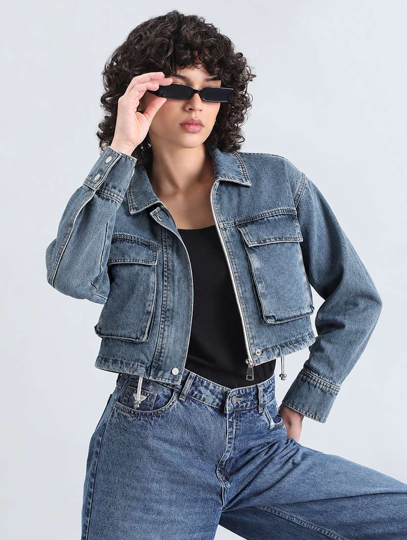 Women Solid Long Sleeve Cropped Denim Jacket - 22086222 -  Standard Image - 2