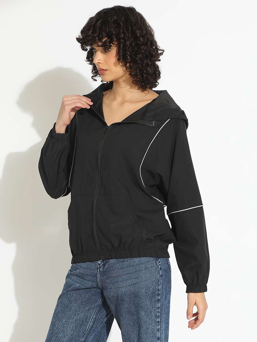 women black solid long sleeve hooded bomber jacket - 22086223 -  Standard Image - 2