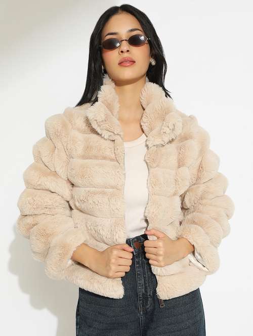 women solid long sleeve faux fur jacket - 22086224 -  Standard Image - 0