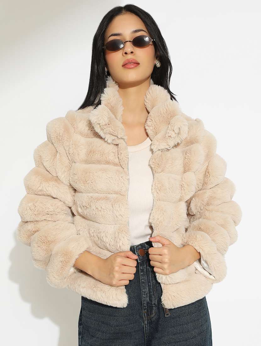 women solid long sleeve faux fur jacket - 22086224 -  Zoom Image - 0