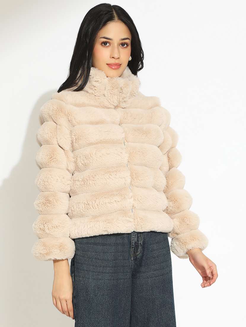 women solid long sleeve faux fur jacket - 22086224 - Standard Image - 2