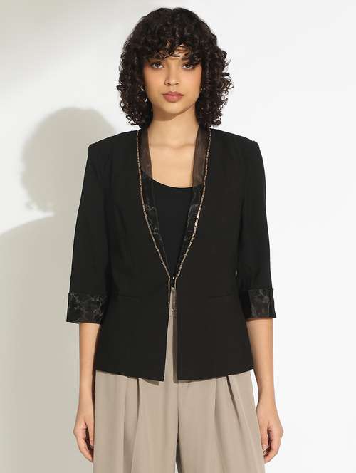 women black solid three quarter sleeve single breasted blazer - 22086230 -  Standard Image - 0