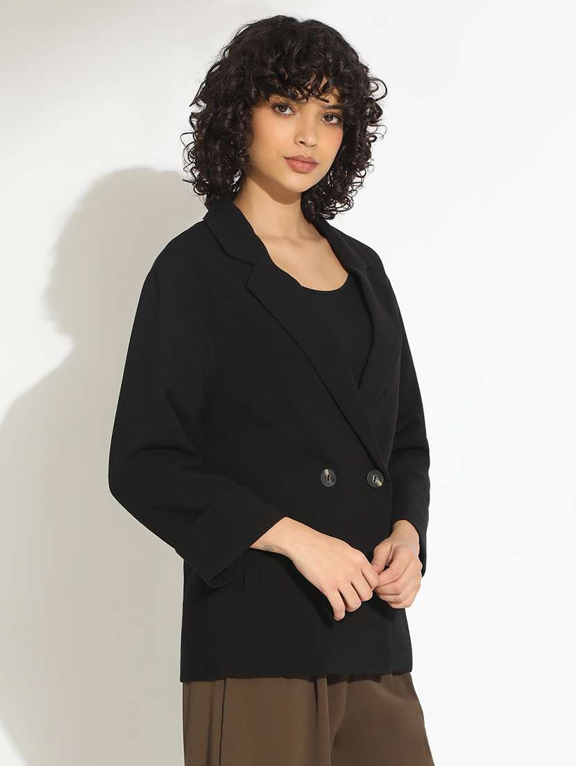 women black solid long sleeve double breasted blazer - 22086232 - Standard Image - 2