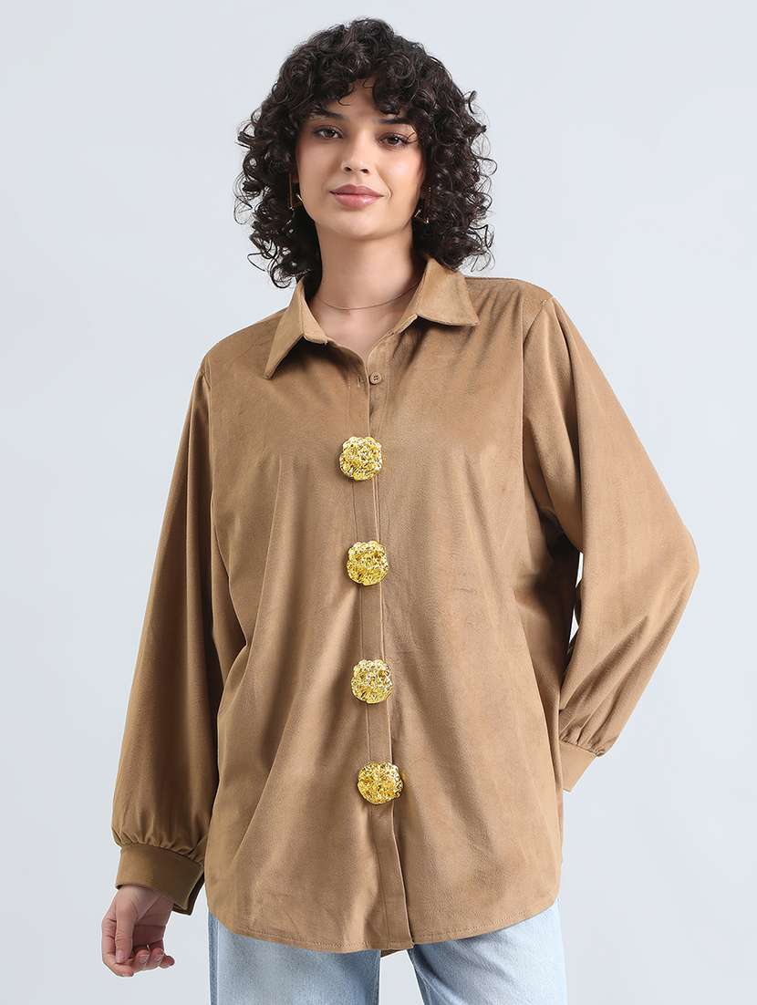 women solid long sleeve collared oversized shirt - 22086242 -  Standard Image - 2
