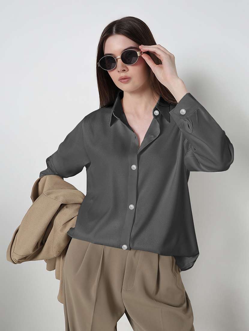 women solid long sleeve collared high low shirt