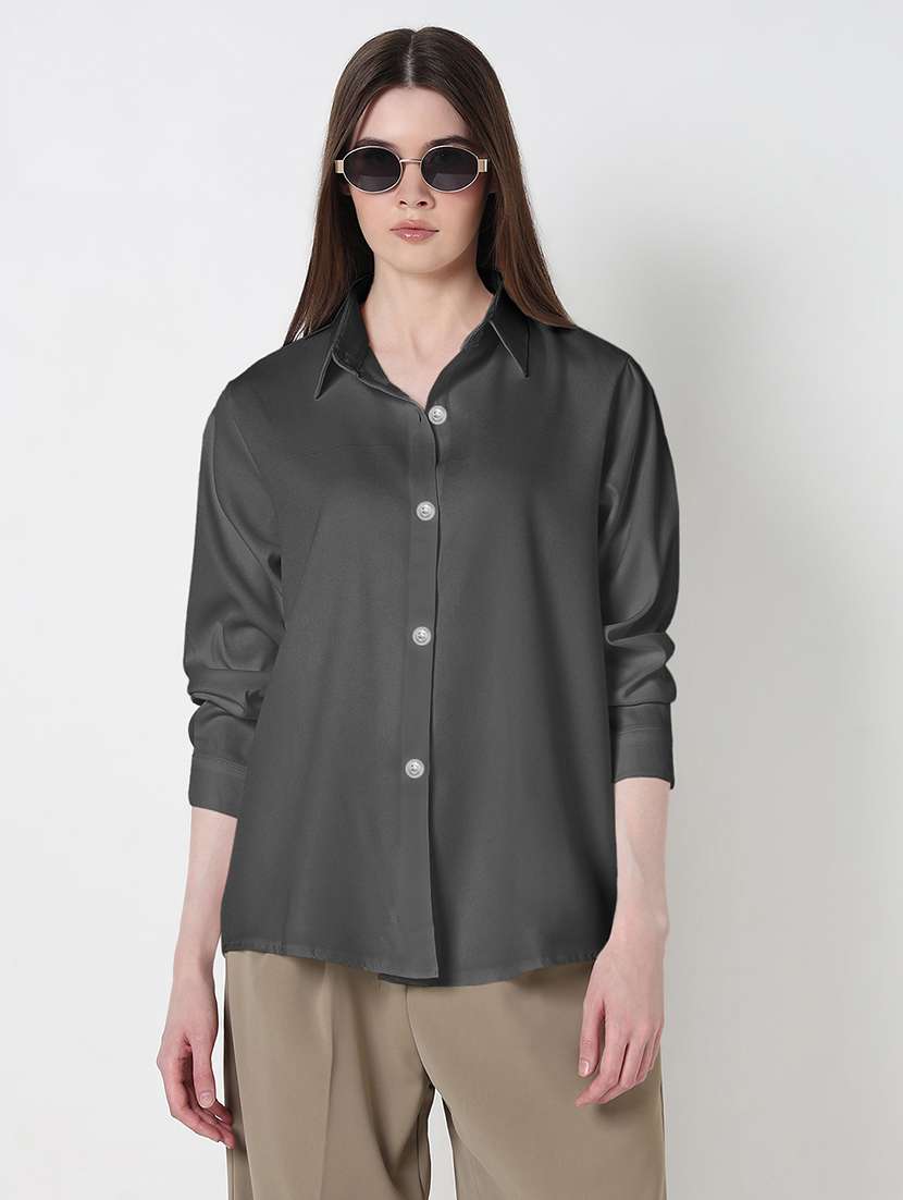 women solid long sleeve collared high low shirt - 22086243 -  Standard Image - 2