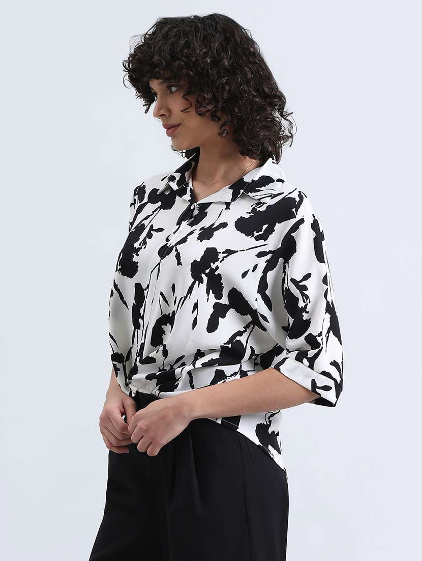 women printed collared high low shirt - 22086244 -  Standard Image - 2