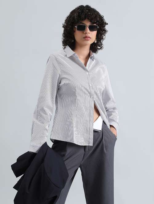women striped long sleeve collared shirt - 22086247 - Standard Image - 0