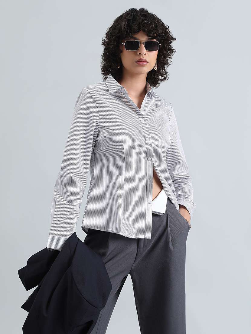 women striped long sleeve collared shirt - 22086247 - Zoom Image - 0