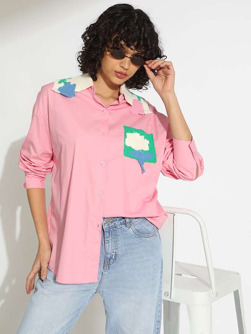 women self designed collared long sleeve oversized shirt