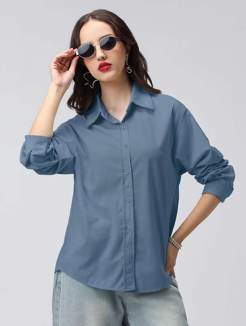 women solid collarerd long sleeve oversized shirt