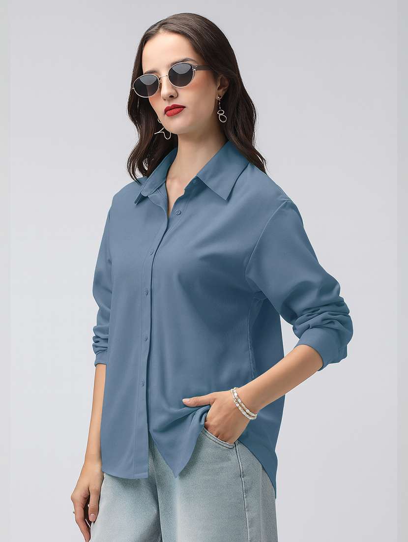 women solid collarerd long sleeve oversized shirt - 22086250 - Standard Image - 2