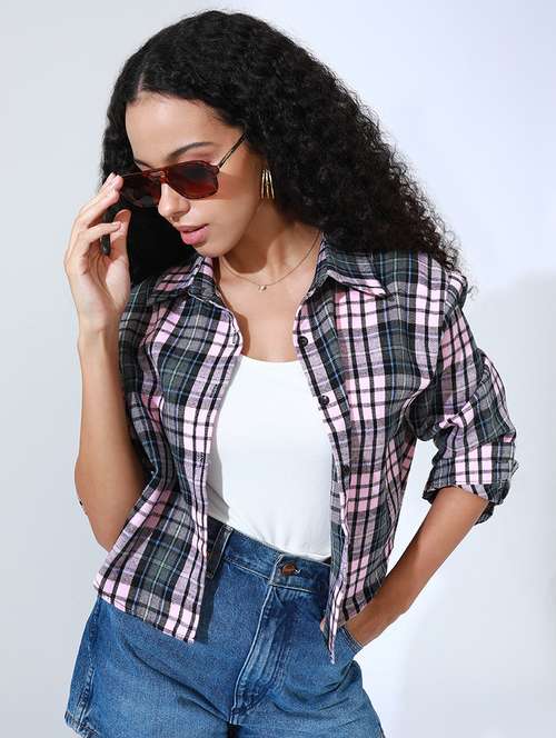 women checkered collared long sleeve crop shirt - 22086251 - Standard Image - 0