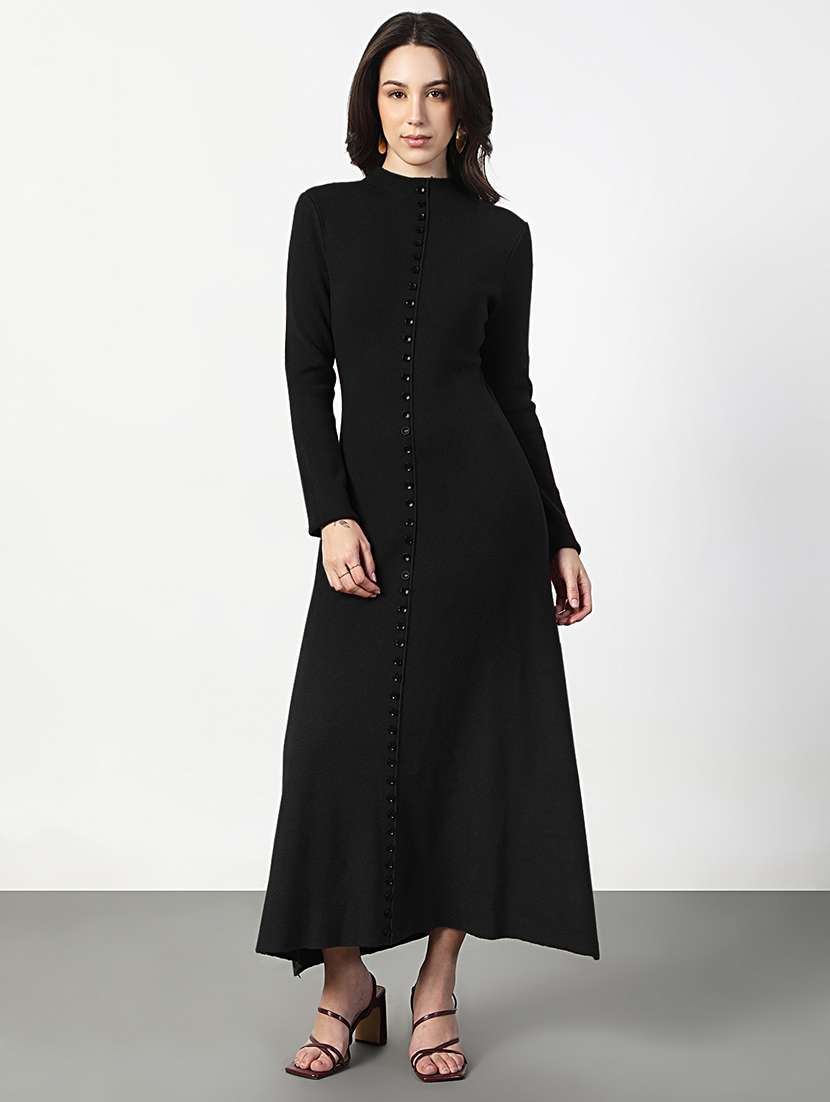 women black solid long sleeve a-line dress - 22086270 -  Standard Image - 2
