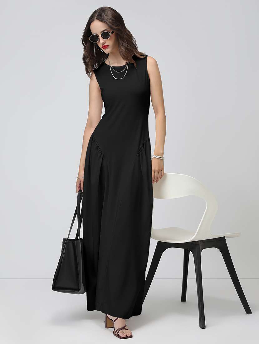 women black solid sleeveless fit & flare dress