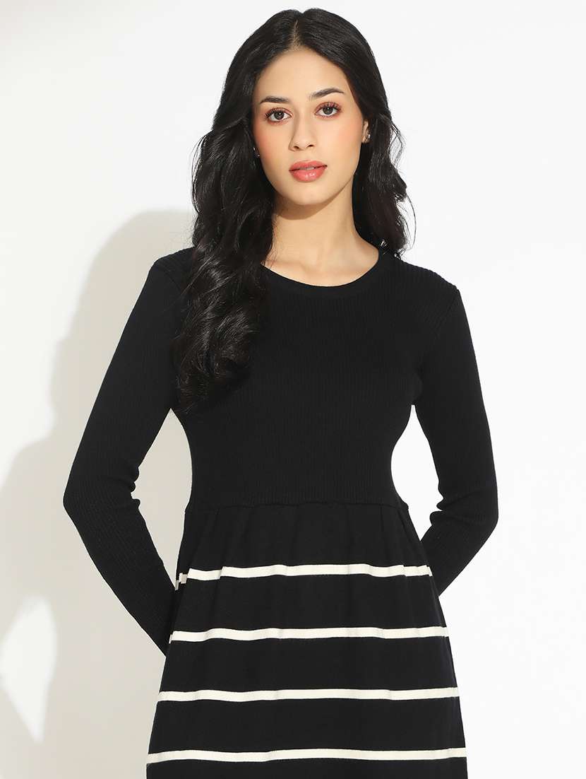 women black striped long sleeve sheath dress - 22086287 - Standard Image - 2