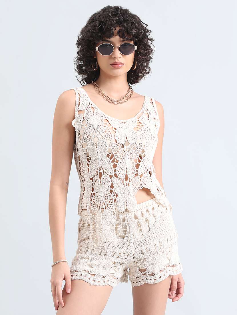 women solid crochet top and shorts co-ord set - 22086289 -  Standard Image - 2