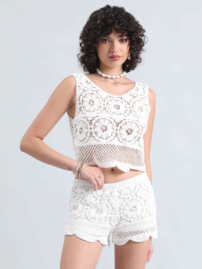 women solid crochet top and shorts co-ord set - 22086290 -  Standard Image - 2