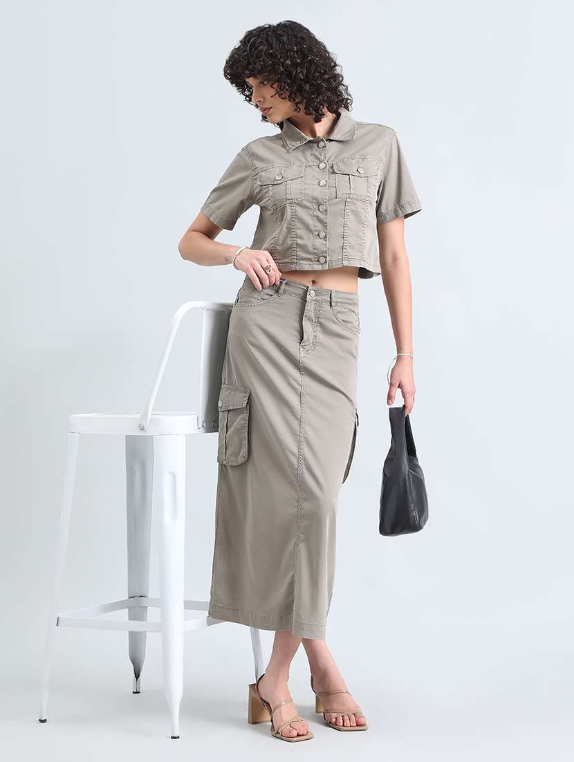 women grey solid denim top and skirt co-ord set