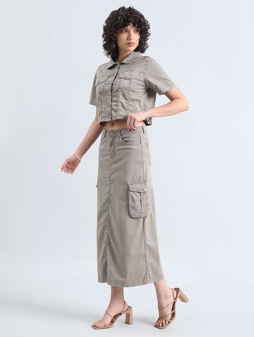 women grey solid denim top and skirt co-ord set - 22086303 -  Standard Image - 2