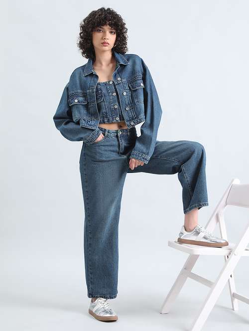 women solid denim top and trouser with jacket co-ord set