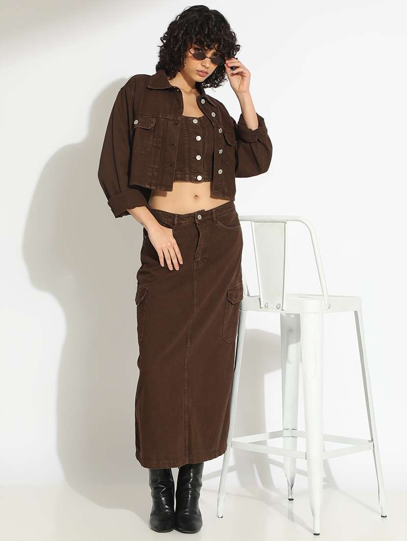 women solid denim top and skirt with jacket co-ord set
