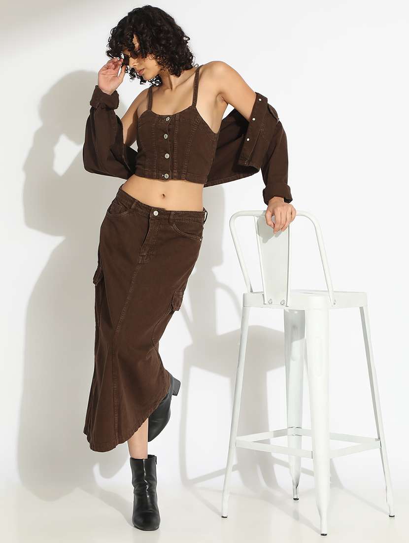 women solid denim top and skirt with jacket co-ord set - 22086307 -  Standard Image - 2