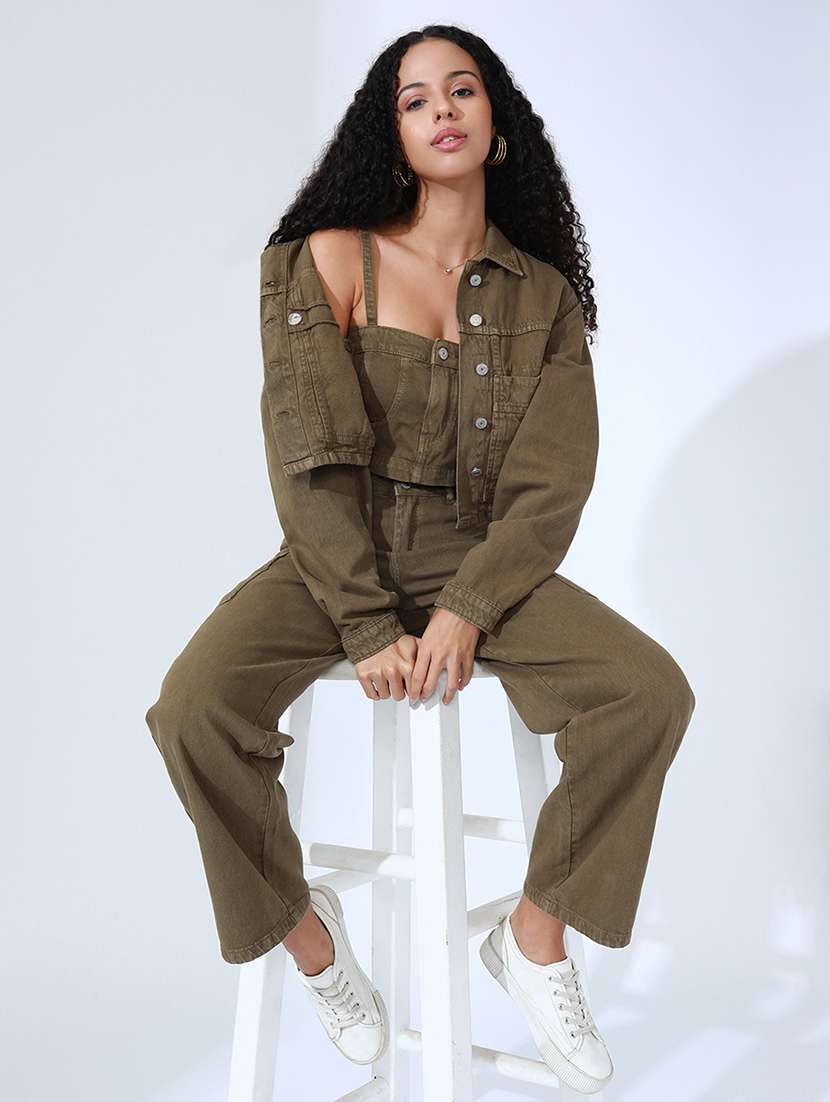 women solid denim top and trouser with jacket co-ord set