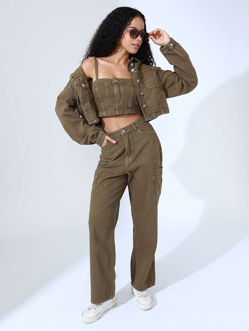 women solid denim top and trouser with jacket co-ord set - 22086311 -  Standard Image - 2