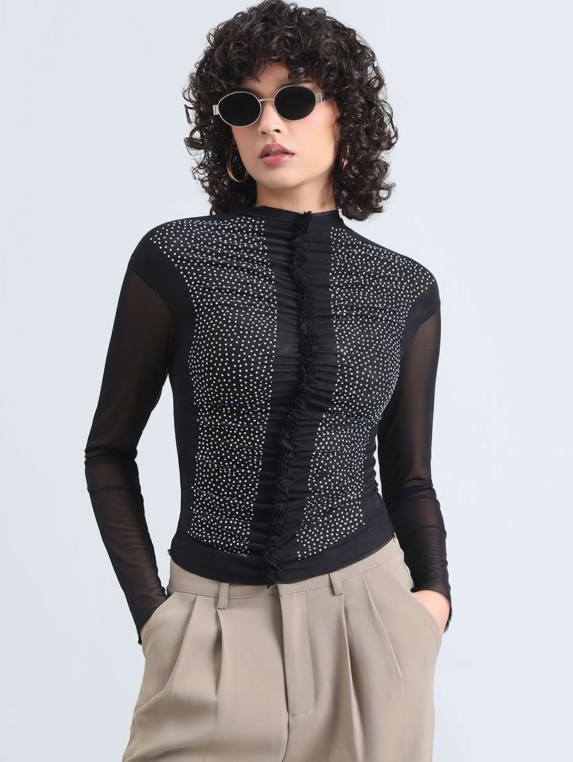 women black embellished long sleeve crop top - 22086317 -  Standard Image - 2